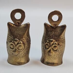2 Vintage Brass Owl Bells Mid Century dinner bell Boho Bell  Hoot Rings